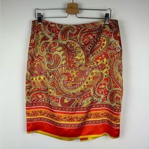 Vince Camuto Orange And Yellow Paisley Scarf Print Skirt, Size 10
